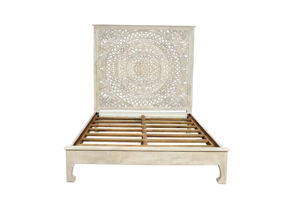 Gray Carved Floral Distressed Solid Wood Queen Bed Frame — view 3