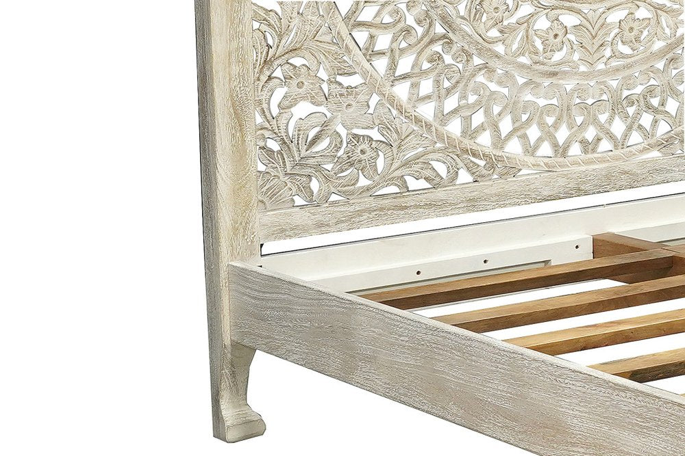 Gray Carved Floral Distressed Solid Wood Queen Bed Frame HomeRoots