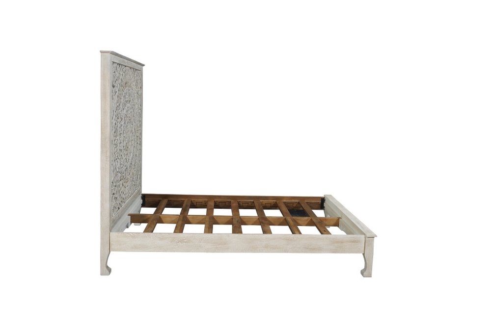 Gray Carved Floral Distressed Solid Wood Queen Bed Frame — view 5