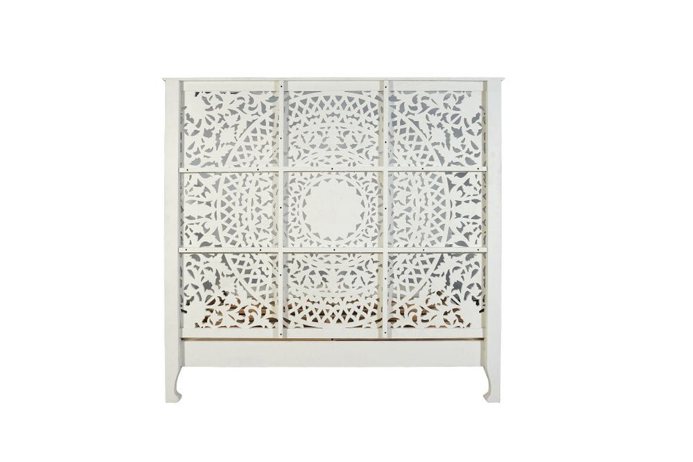 Gray Carved Floral Distressed Solid Wood Queen Bed Frame — view 6