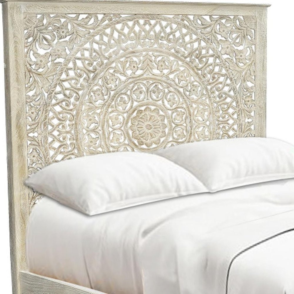 Gray Carved Floral Distressed Solid Wood Queen Bed Frame HomeRoots