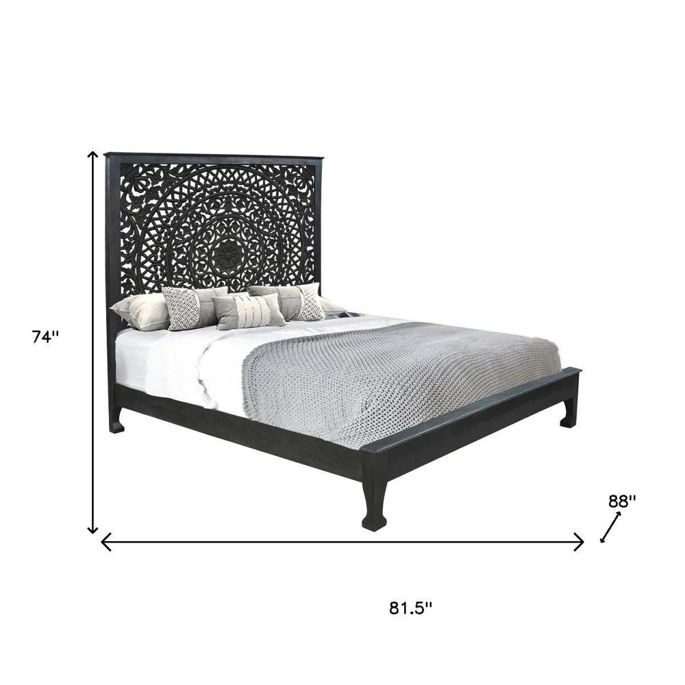Black Carved Floral Distressed Solid Wood King Bed Frame HomeRoots