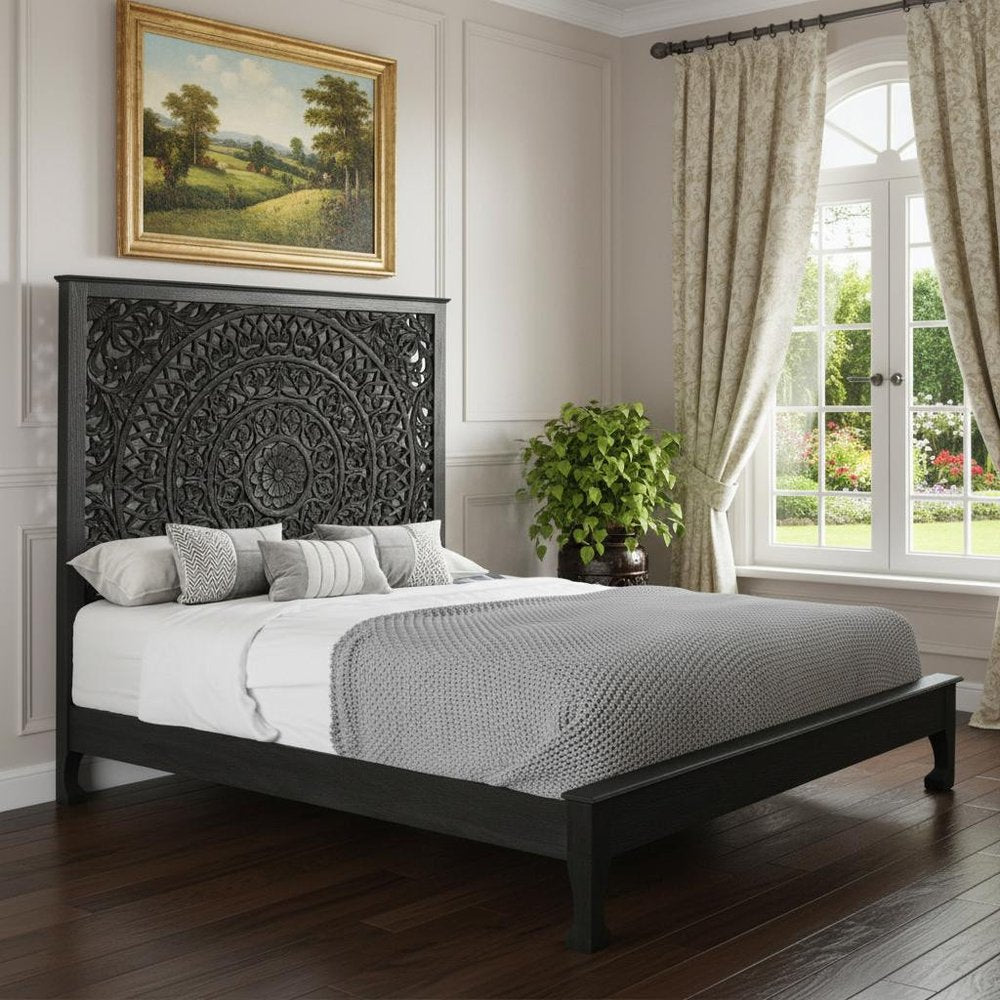 Black Carved Floral Distressed Solid Wood King Bed Frame HomeRoots