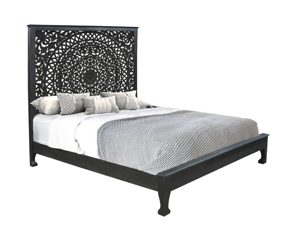 Black Carved Floral Distressed Solid Wood King Bed Frame HomeRoots