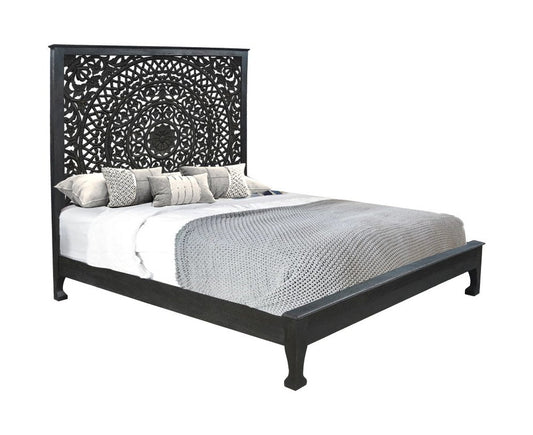 Black Carved Floral Distressed Solid Wood King Bed Frame HomeRoots