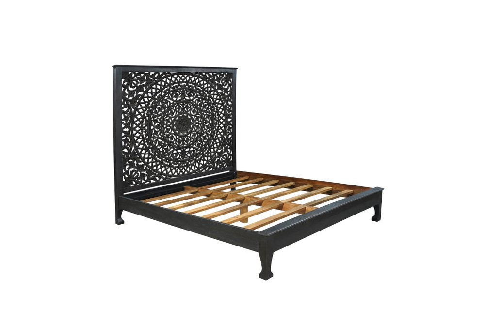 Black Carved Floral Distressed Solid Wood King Bed Frame HomeRoots