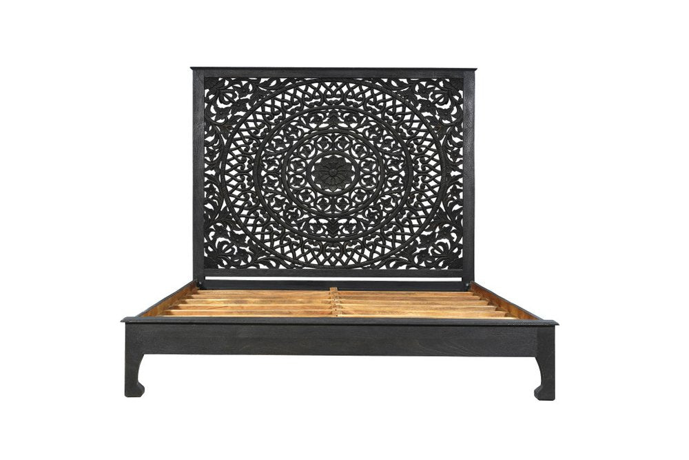 Black Carved Floral Distressed Solid Wood King Bed Frame HomeRoots