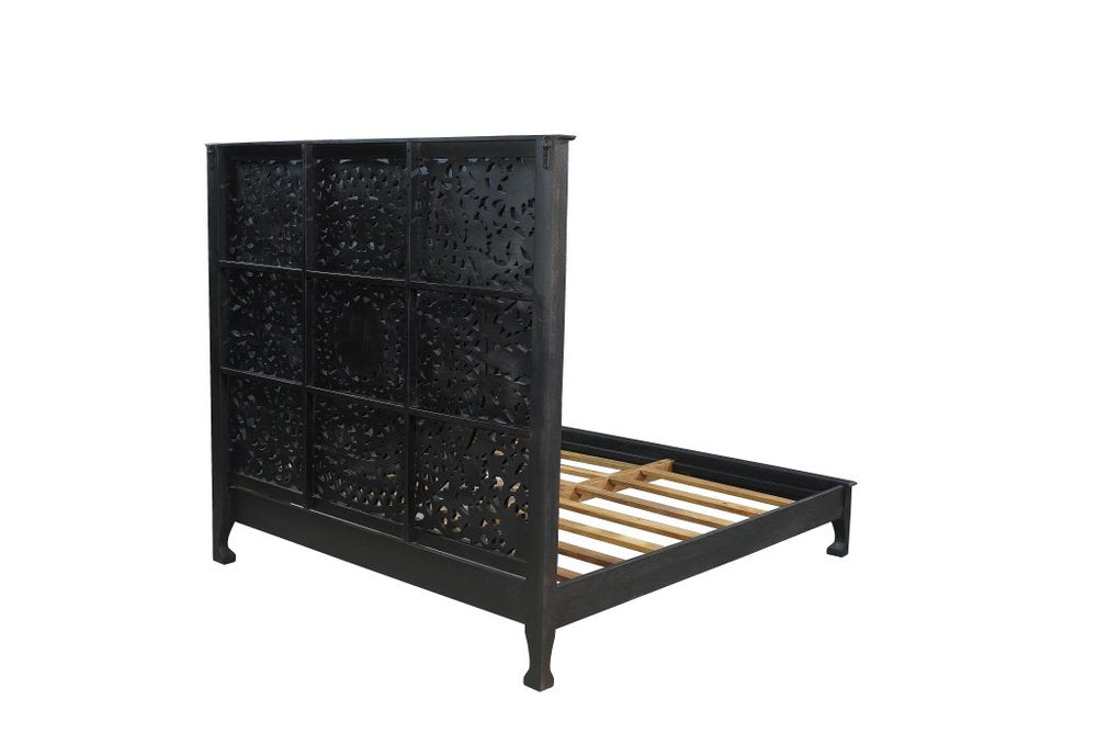 Black Carved Floral Distressed Solid Wood King Bed Frame HomeRoots