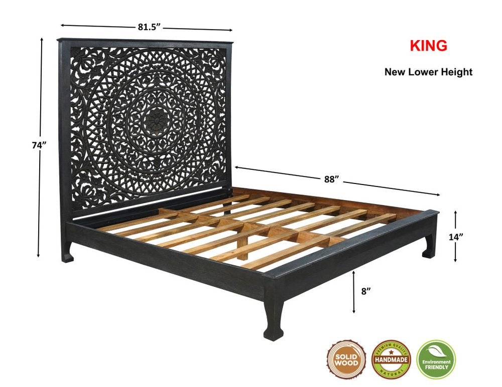 Black Carved Floral Distressed Solid Wood King Bed Frame HomeRoots