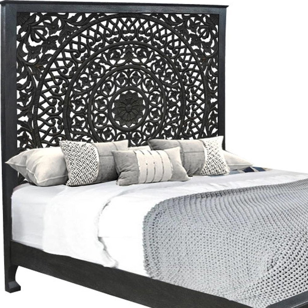Black Carved Floral Distressed Solid Wood King Bed Frame HomeRoots