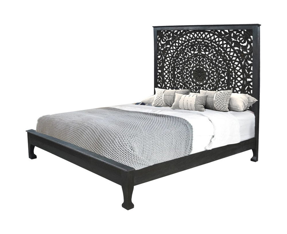 Black Carved Floral Distressed Solid Wood King Bed Frame HomeRoots