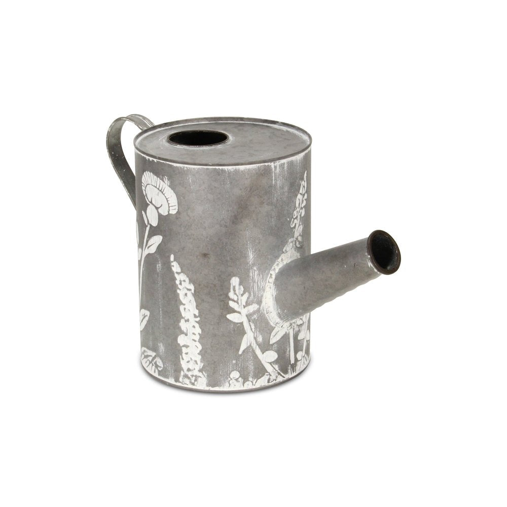 8" Gray And White Galvanized Metal Flowers Hand Painted Decorative Watering Can HomeRoots