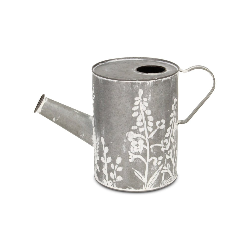 8" Gray And White Galvanized Metal Flowers Hand Painted Decorative Watering Can HomeRoots