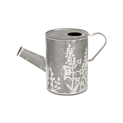 8" Gray And White Galvanized Metal Flowers Hand Painted Decorative Watering Can HomeRoots