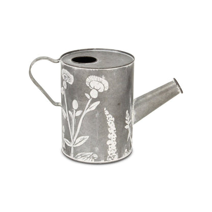 8" Gray And White Galvanized Metal Flowers Hand Painted Decorative Watering Can HomeRoots