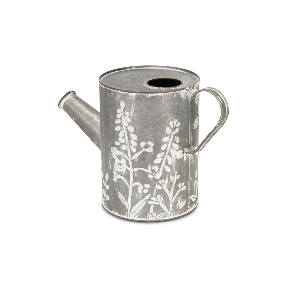 8" Gray And White Galvanized Metal Flowers Hand Painted Decorative Watering Can HomeRoots