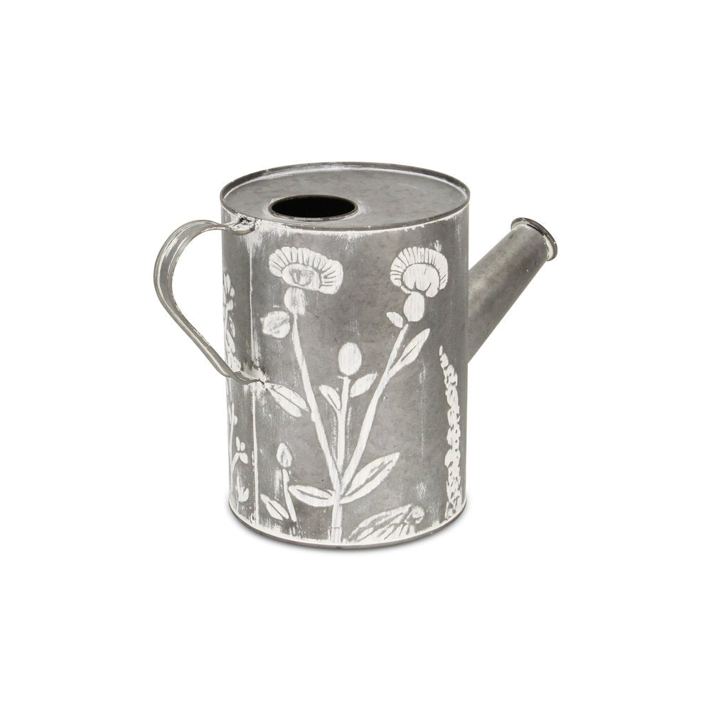 8" Gray And White Galvanized Metal Flowers Hand Painted Decorative Watering Can HomeRoots