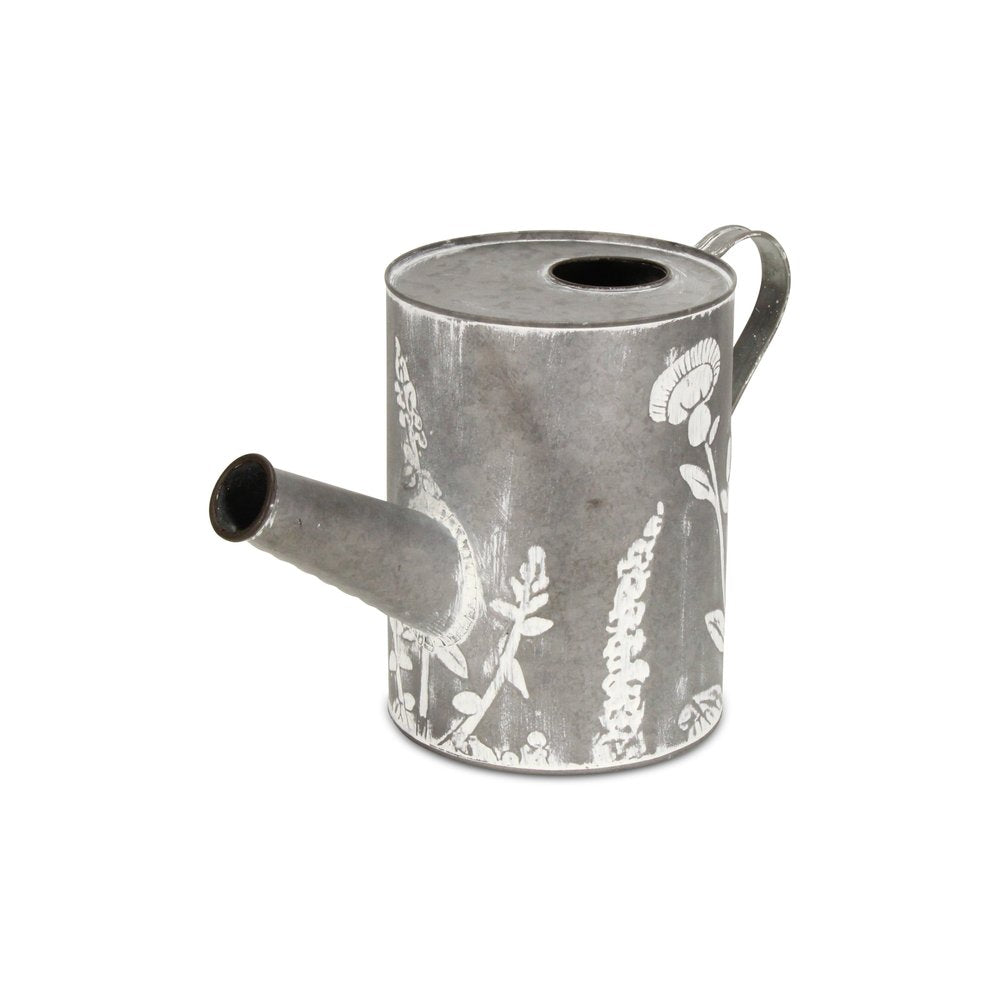8" Gray And White Galvanized Metal Flowers Hand Painted Decorative Watering Can HomeRoots