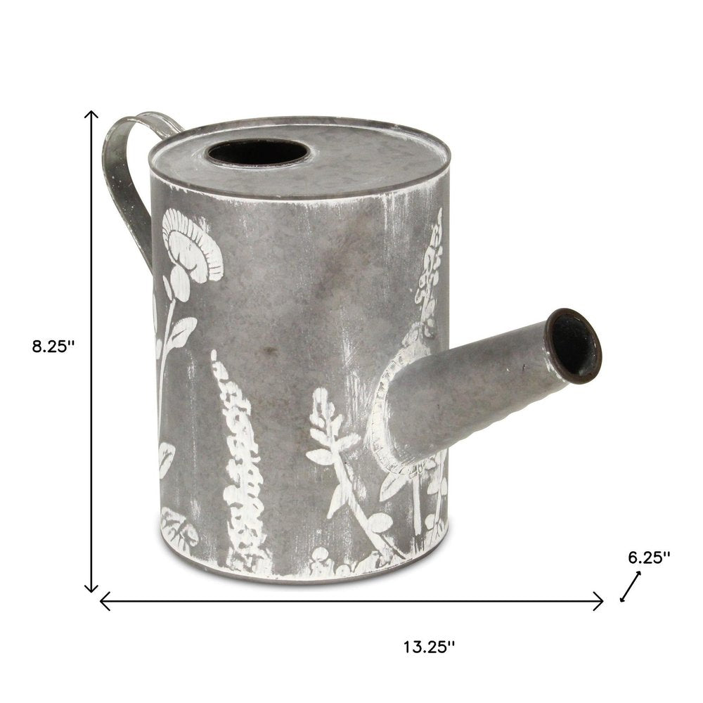 8" Gray And White Galvanized Metal Flowers Hand Painted Decorative Watering Can HomeRoots
