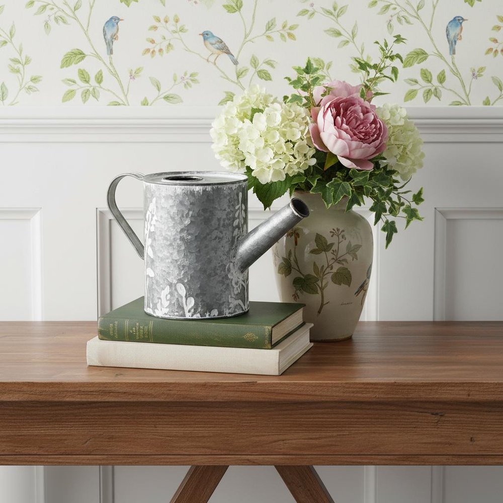 6" Gray And White Galvanized Metal Flowers Hand Painted Decorative Watering Can HomeRoots