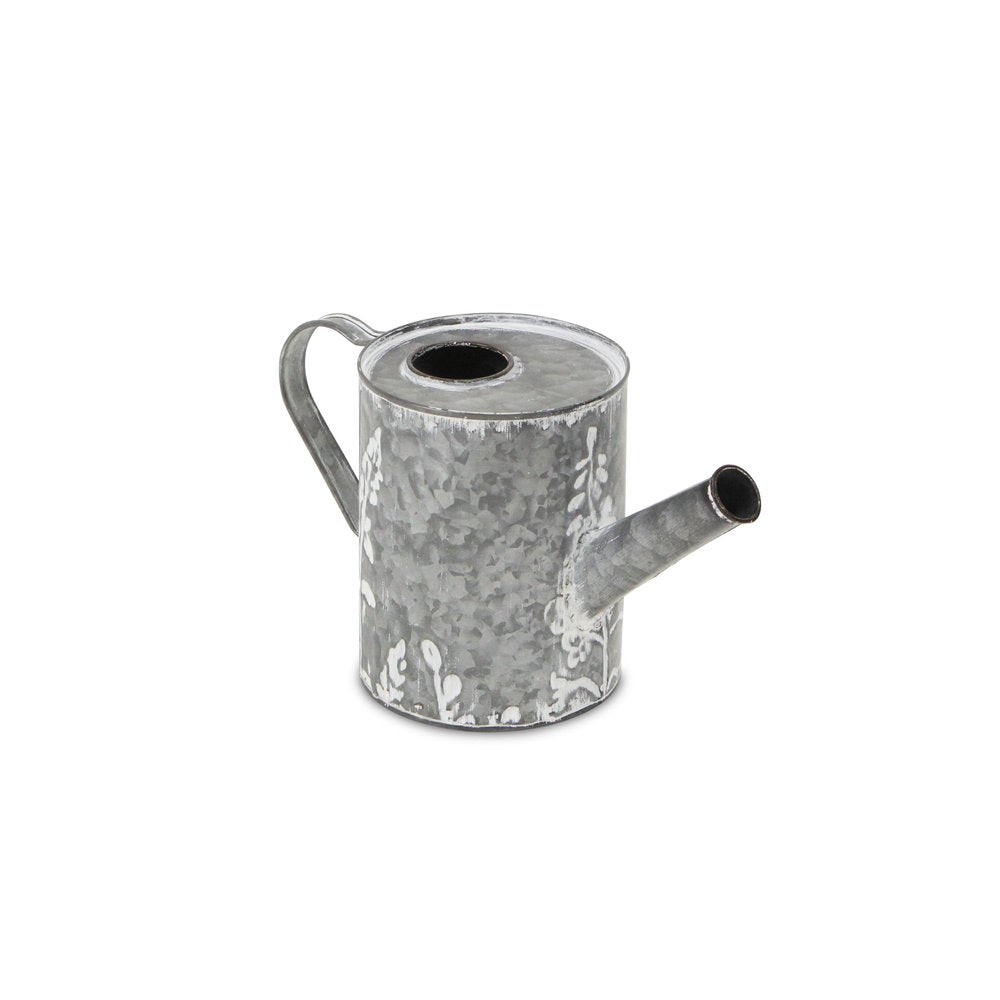 6" Gray And White Galvanized Metal Flowers Hand Painted Decorative Watering Can HomeRoots