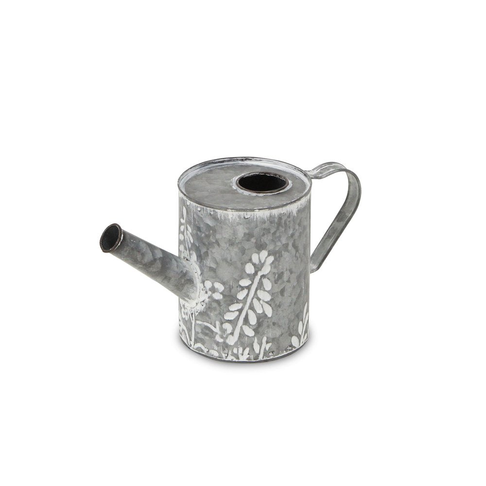 6" Gray And White Galvanized Metal Flowers Hand Painted Decorative Watering Can HomeRoots