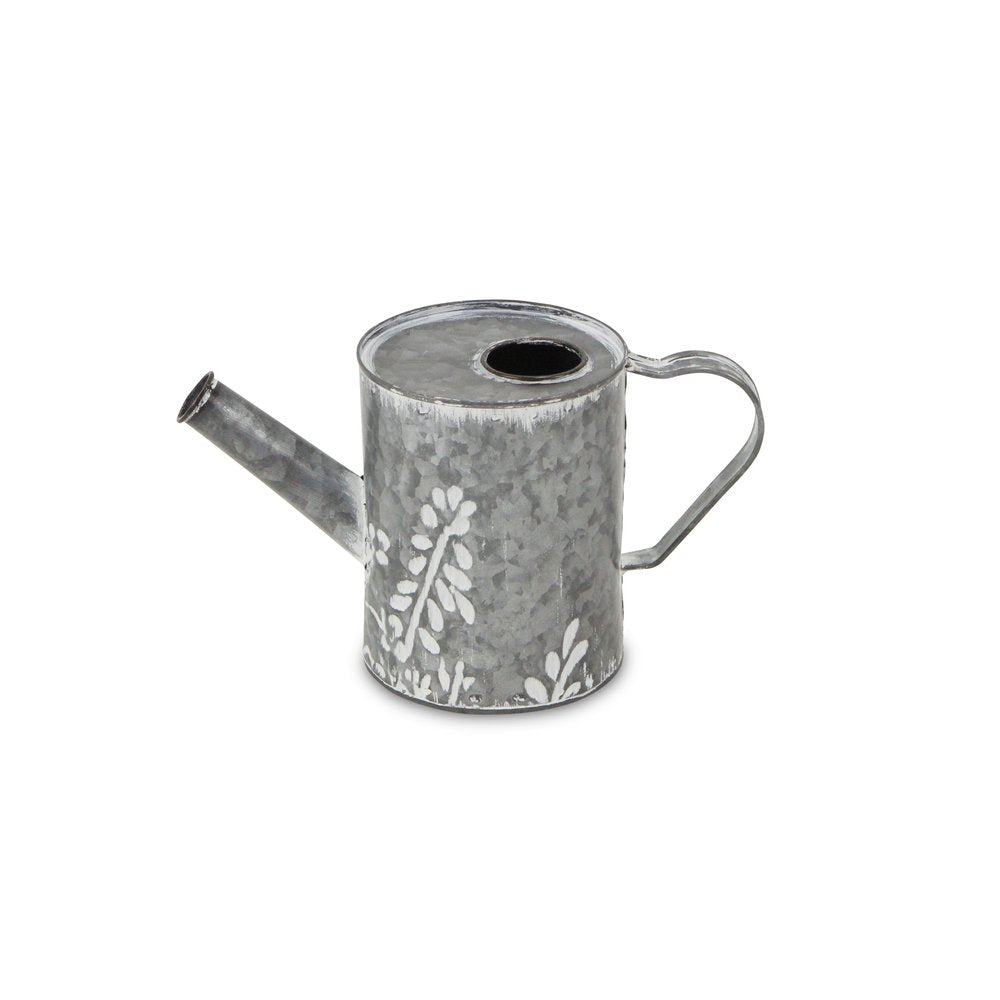 6" Gray And White Galvanized Metal Flowers Hand Painted Decorative Watering Can HomeRoots