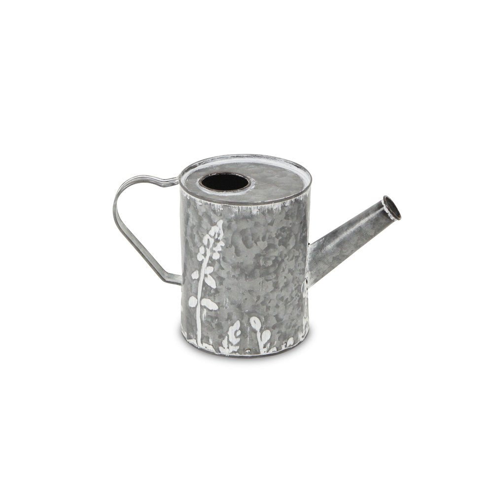 6" Gray And White Galvanized Metal Flowers Hand Painted Decorative Watering Can HomeRoots