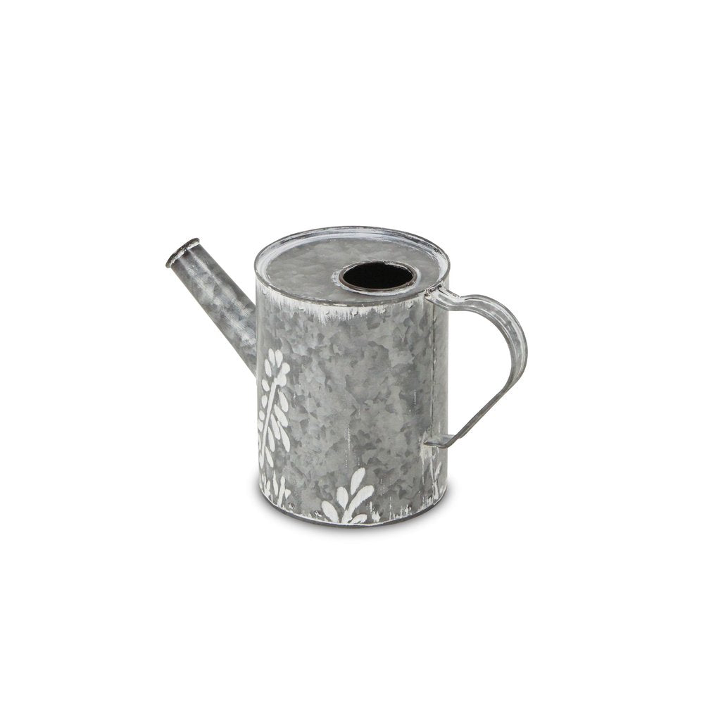 6" Gray And White Galvanized Metal Flowers Hand Painted Decorative Watering Can HomeRoots
