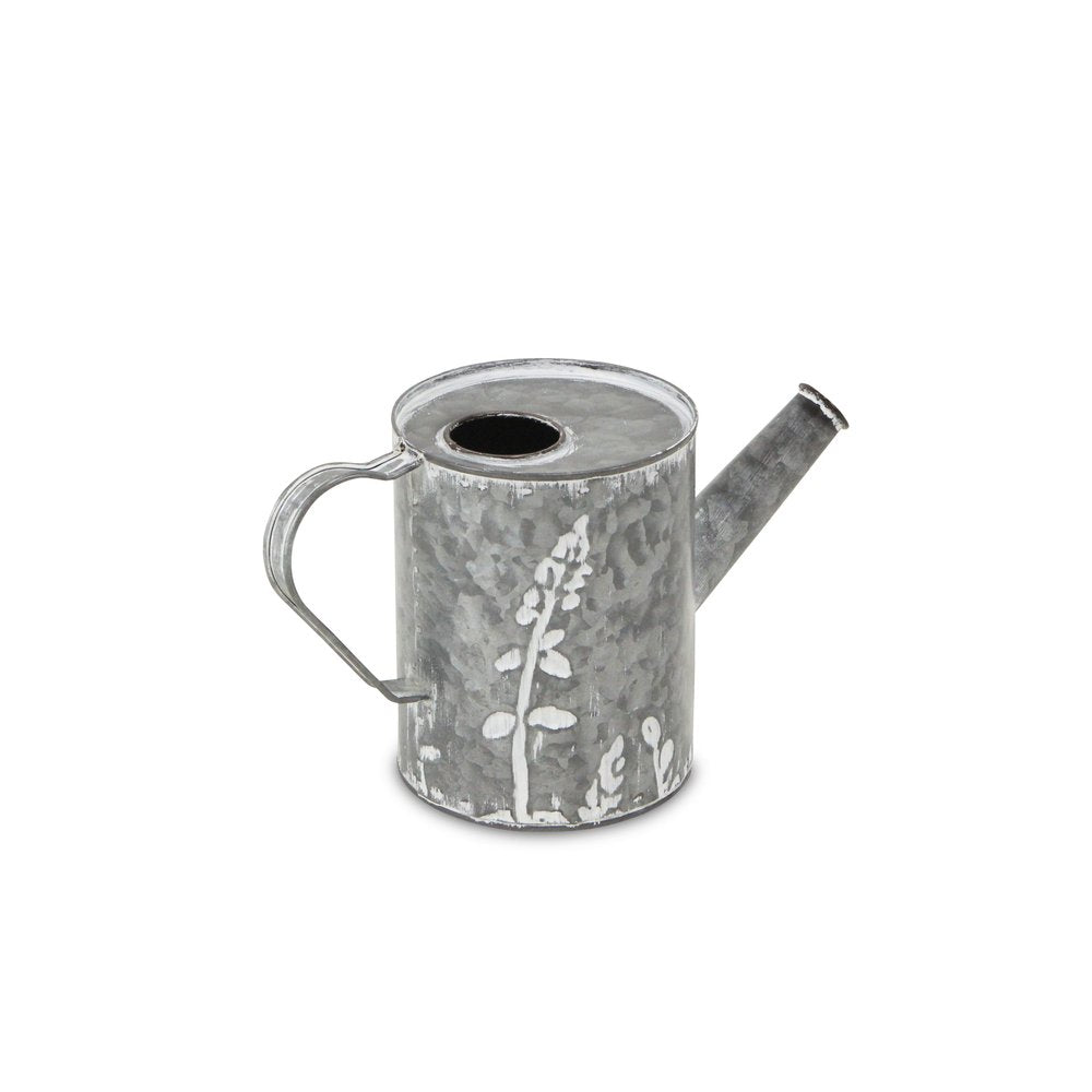 6" Gray And White Galvanized Metal Flowers Hand Painted Decorative Watering Can HomeRoots