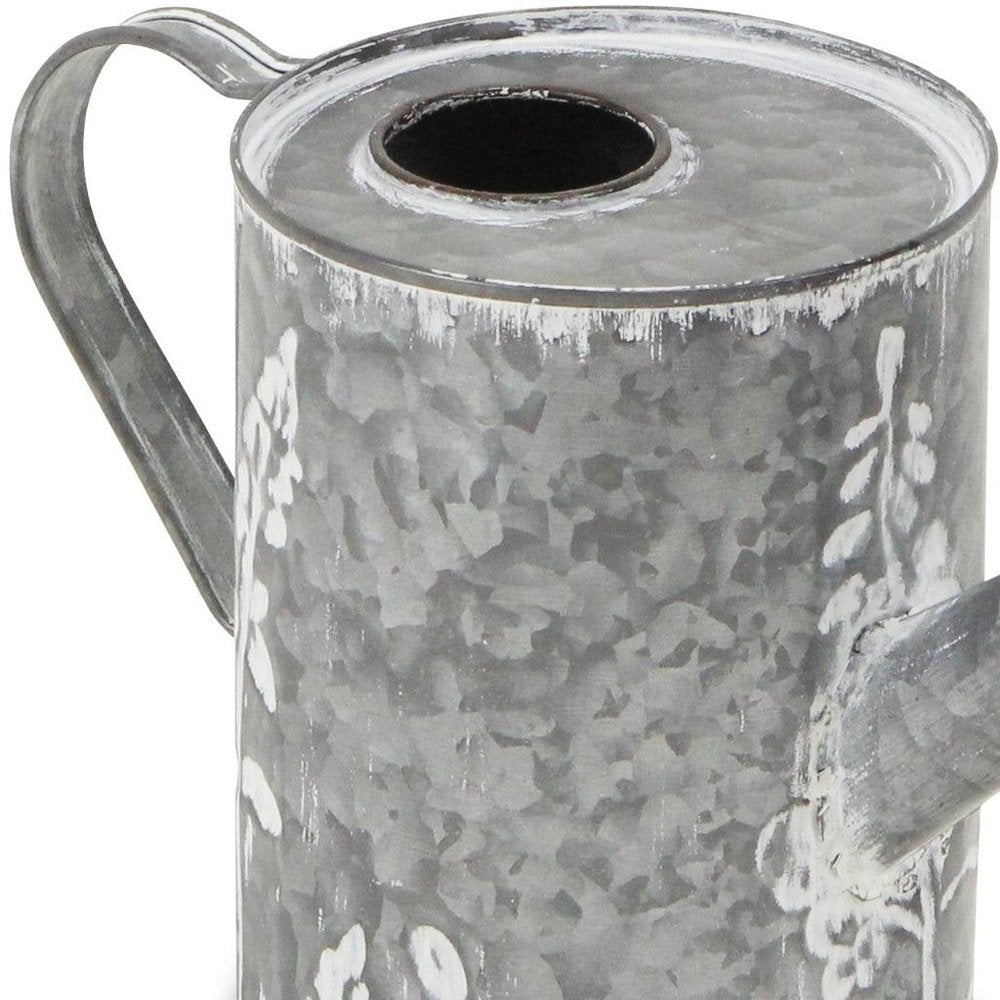 6" Gray And White Galvanized Metal Flowers Hand Painted Decorative Watering Can HomeRoots