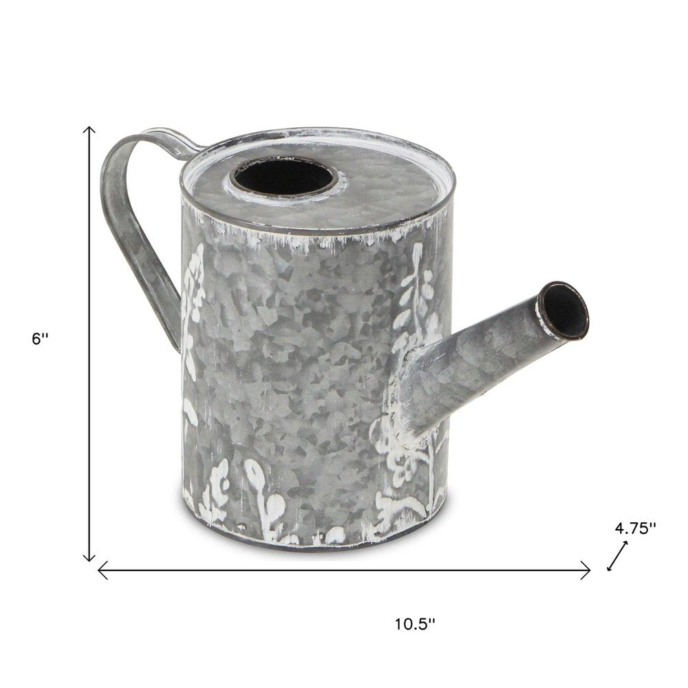6" Gray And White Galvanized Metal Flowers Hand Painted Decorative Watering Can HomeRoots