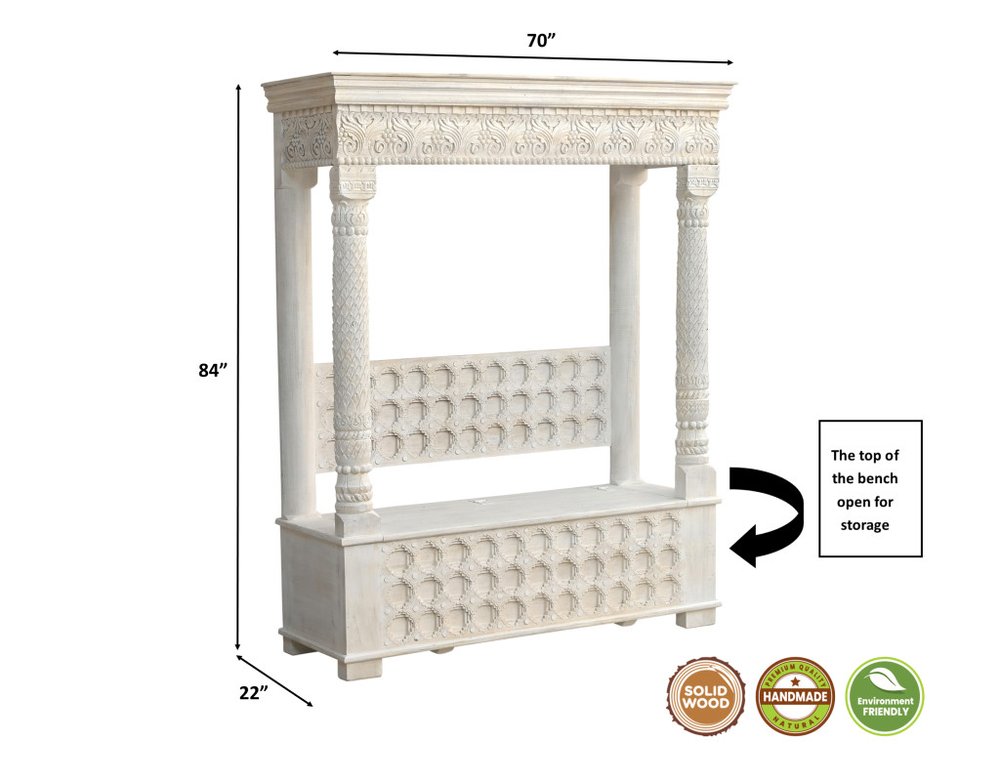 70" White Floral Solid Wood Storage Bench With Flip Top HomeRoots