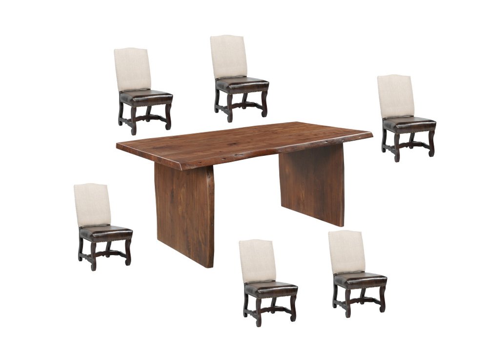 Seven Piece Brown Solid Wood Dining Set with Six Chairs HomeRoots