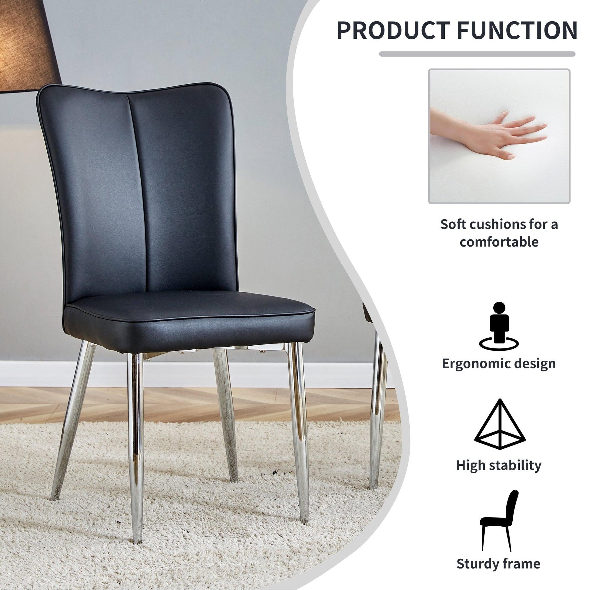 Modern minimalist dining chairs black PU leather curved backrest and cushion black metal semi matte chair legs - FurniFindUSA