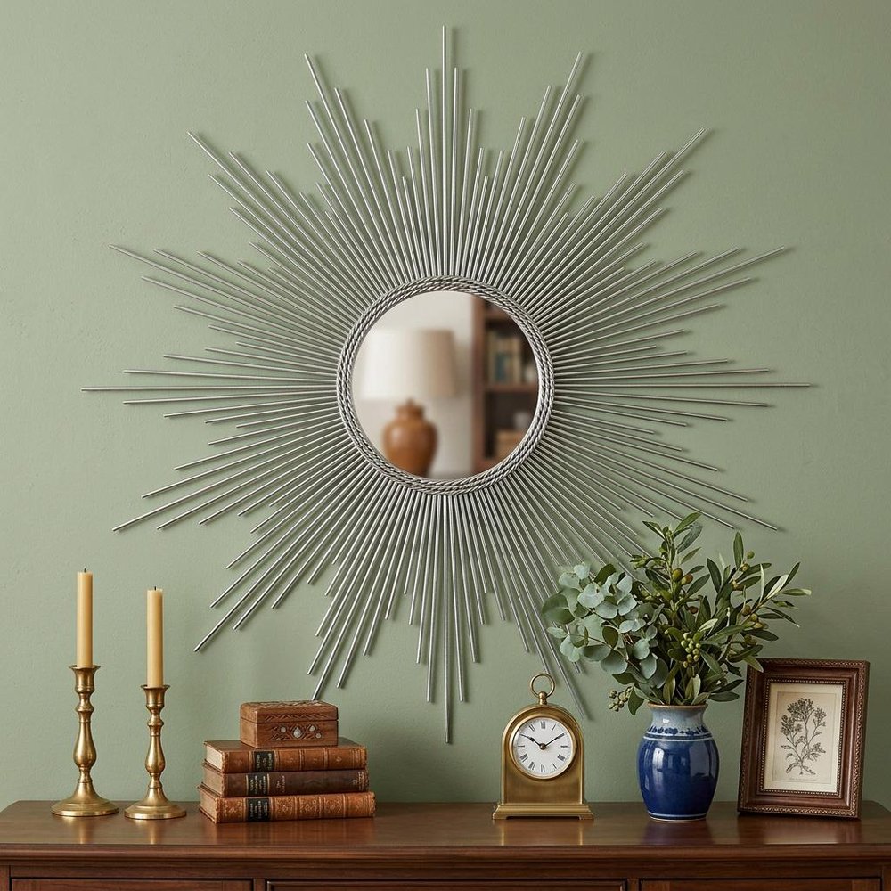 32" Silver Metal Sunburst Geometric Framed Accent Mirror HomeRoots