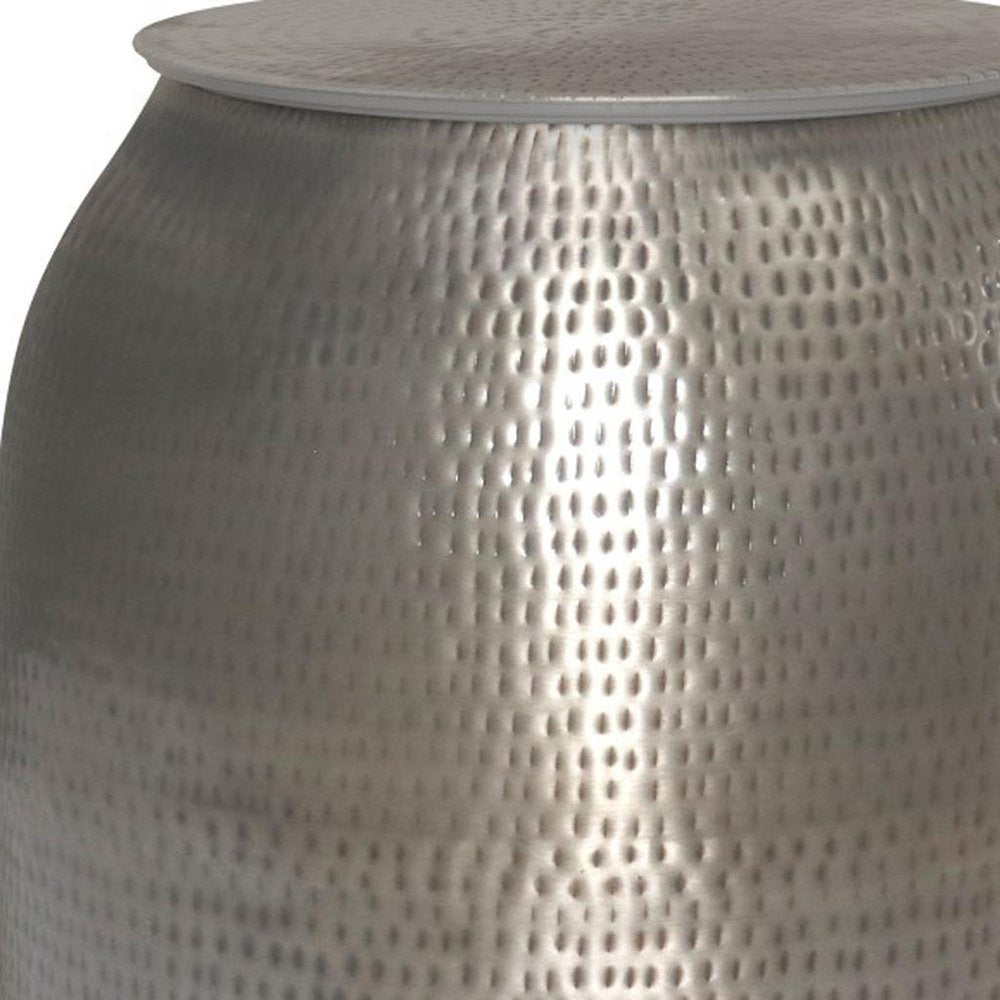 21" Hammered Silver Distressed Iron Round Drum End Table And Trunk Storage HomeRoots