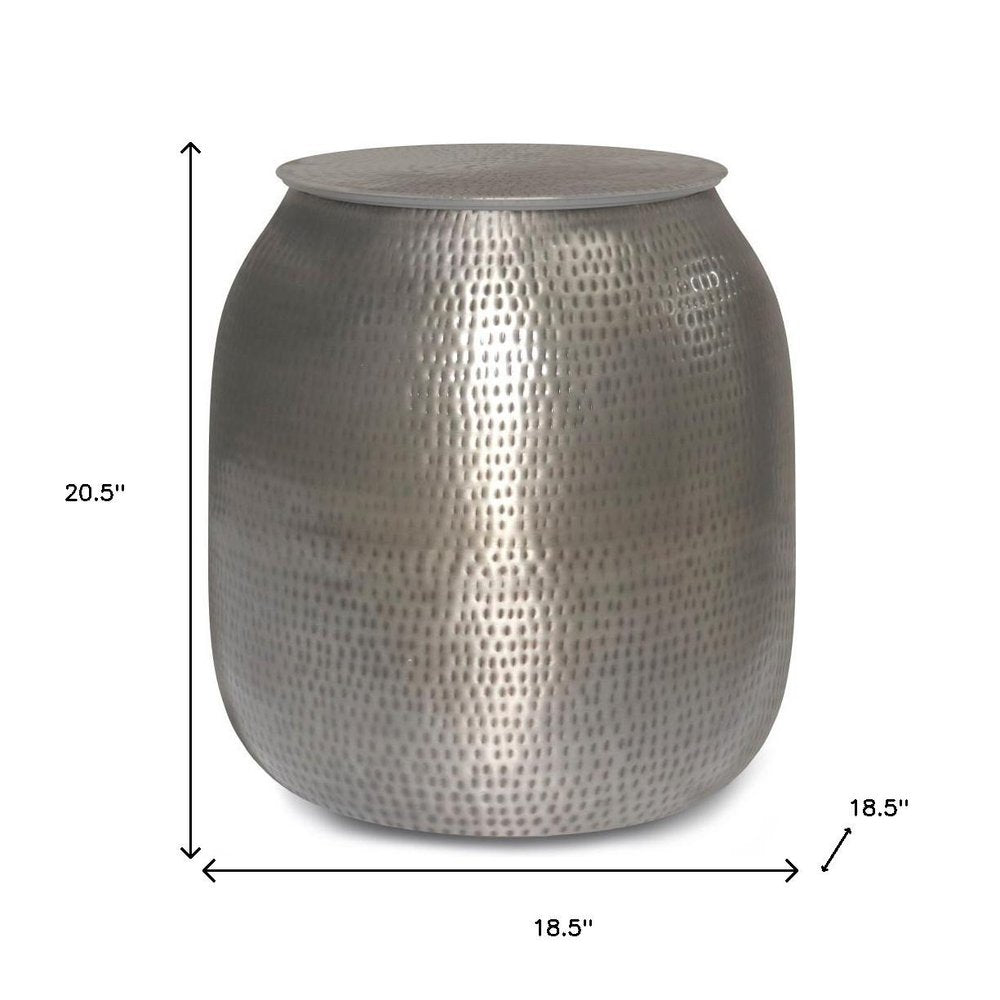 21" Hammered Silver Distressed Iron Round Drum End Table And Trunk Storage HomeRoots