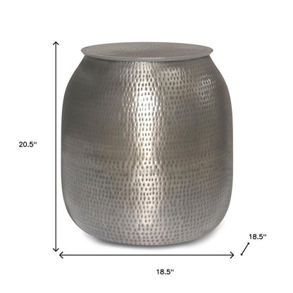 21" Hammered Silver Distressed Iron Round Drum End Table And Trunk Storage HomeRoots