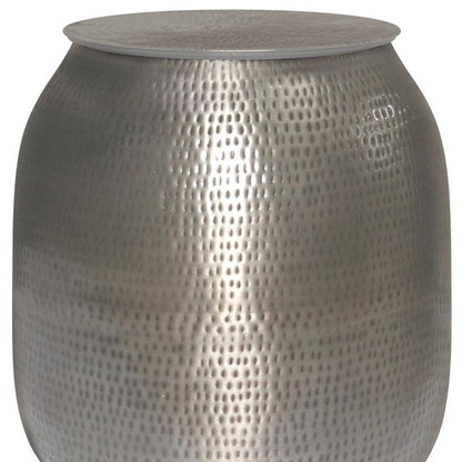 21" Hammered Silver Distressed Iron Round Drum End Table And Trunk Storage HomeRoots