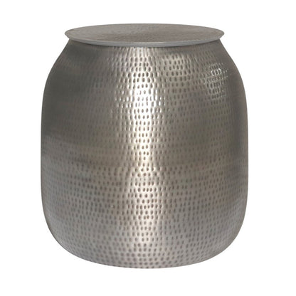 21" Hammered Silver Distressed Iron Round Drum End Table And Trunk Storage HomeRoots