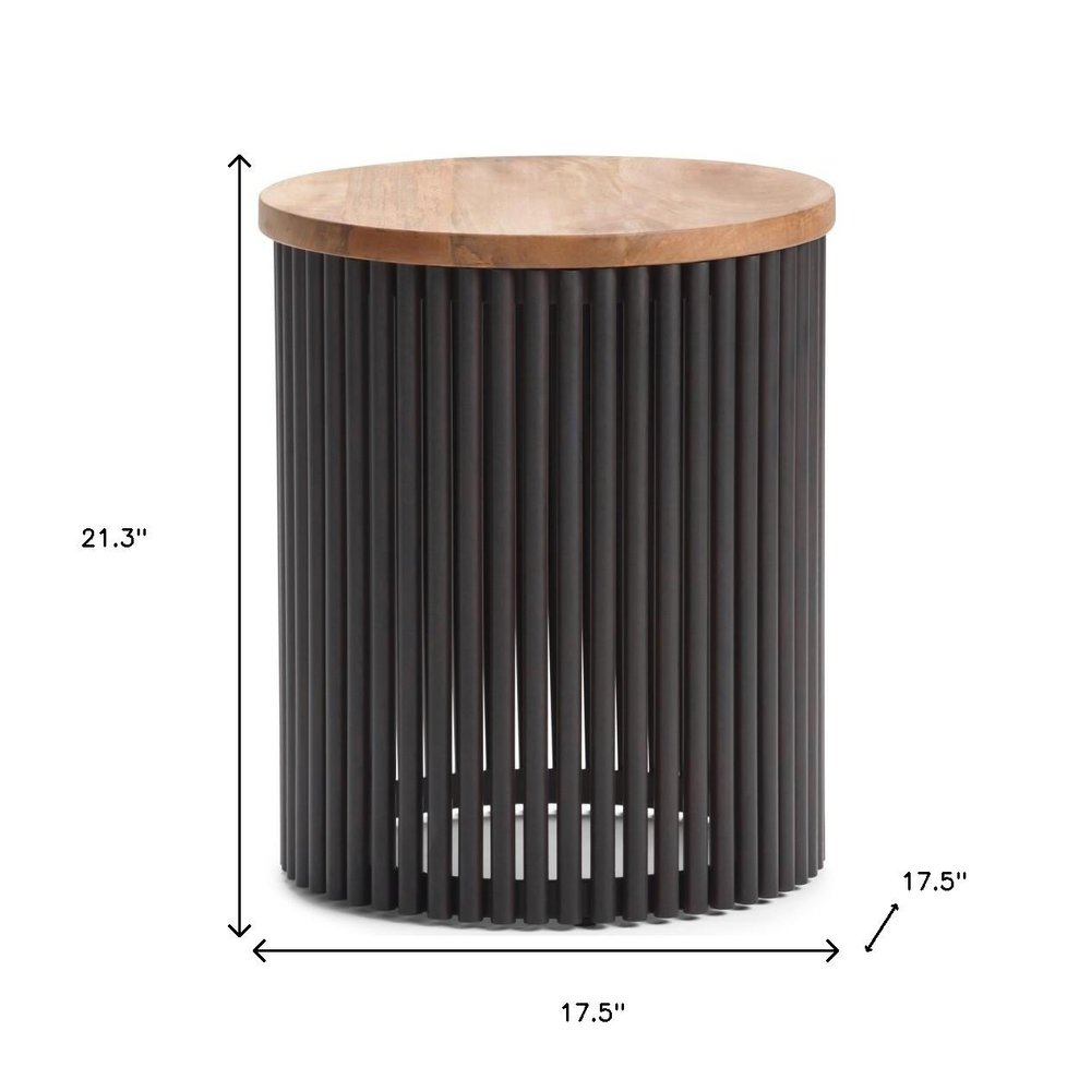 21" Natural and Black Solid Wood and Iron Round Drum End Table HomeRoots