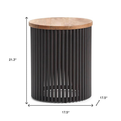 21" Natural and Black Solid Wood and Iron Round Drum End Table HomeRoots