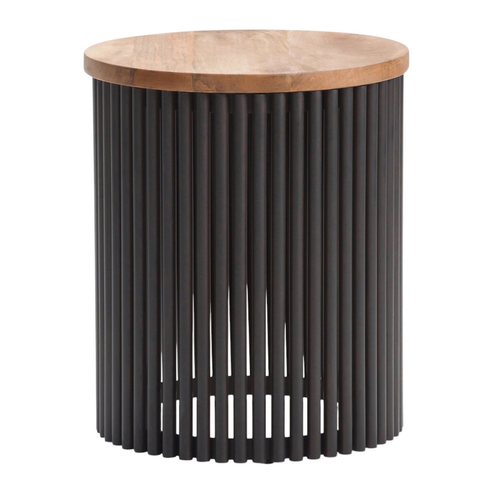 21" Natural and Black Solid Wood and Iron Round Drum End Table HomeRoots