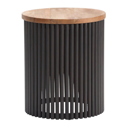 21" Natural and Black Solid Wood and Iron Round Drum End Table HomeRoots