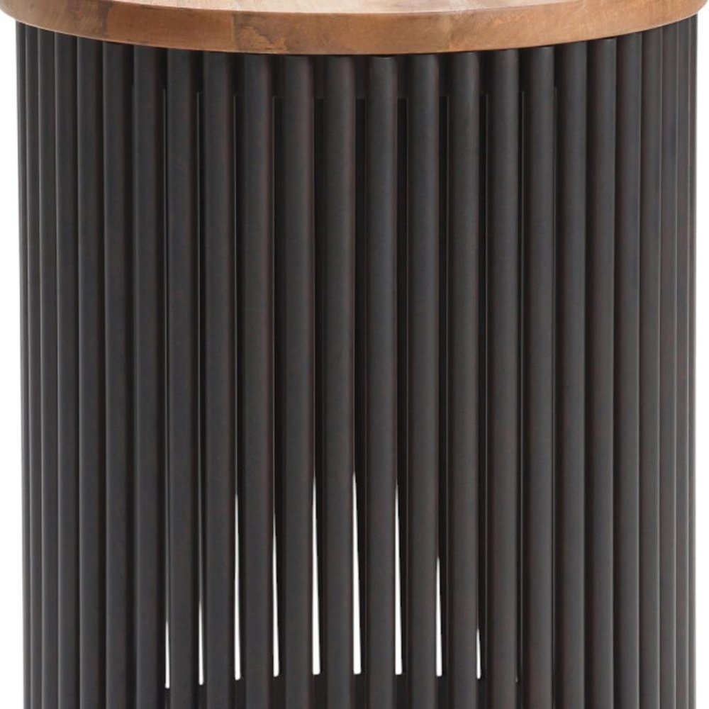 21" Natural and Black Solid Wood and Iron Round Drum End Table HomeRoots