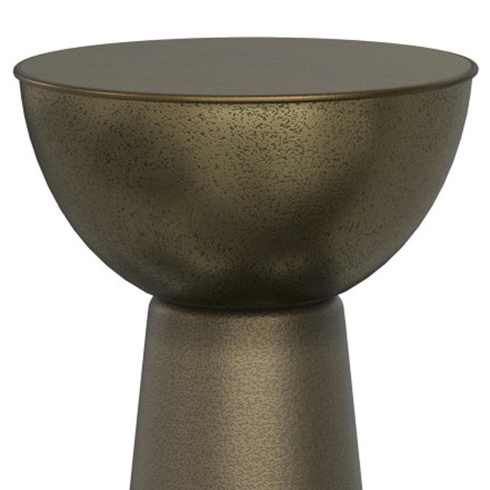 26" Antiqued Gold Distressed Iron Round Pedestal End Table HomeRoots
