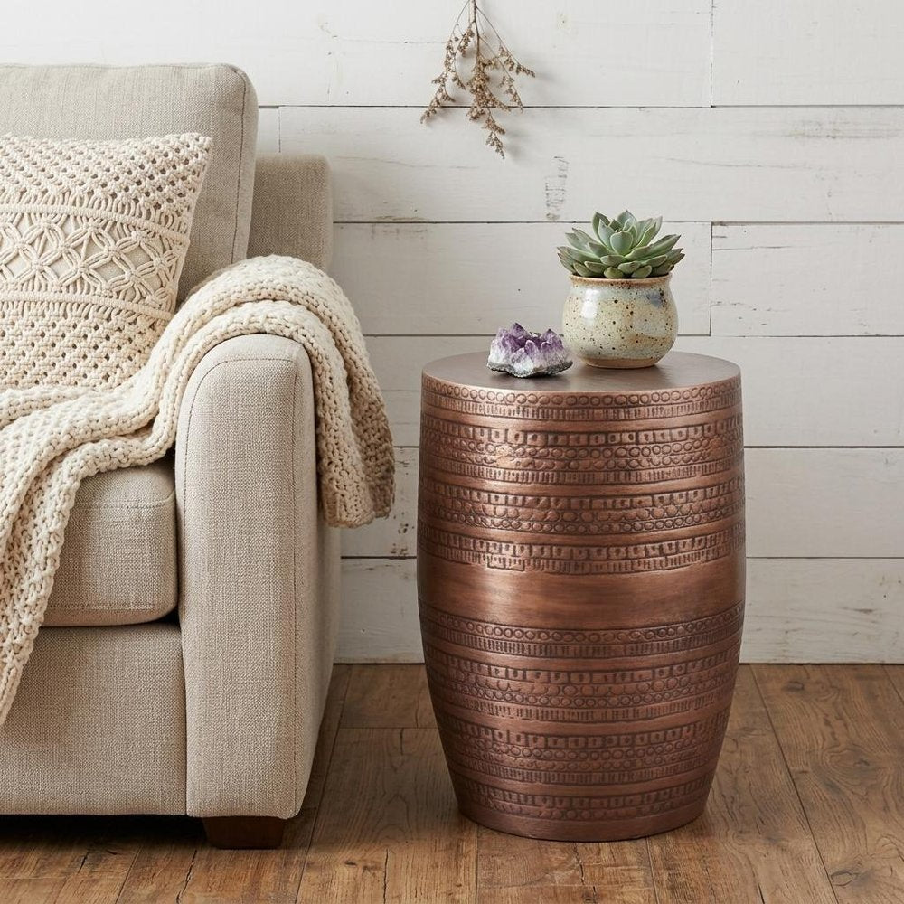 20" Copper Distressed Iron Round Drum End Table