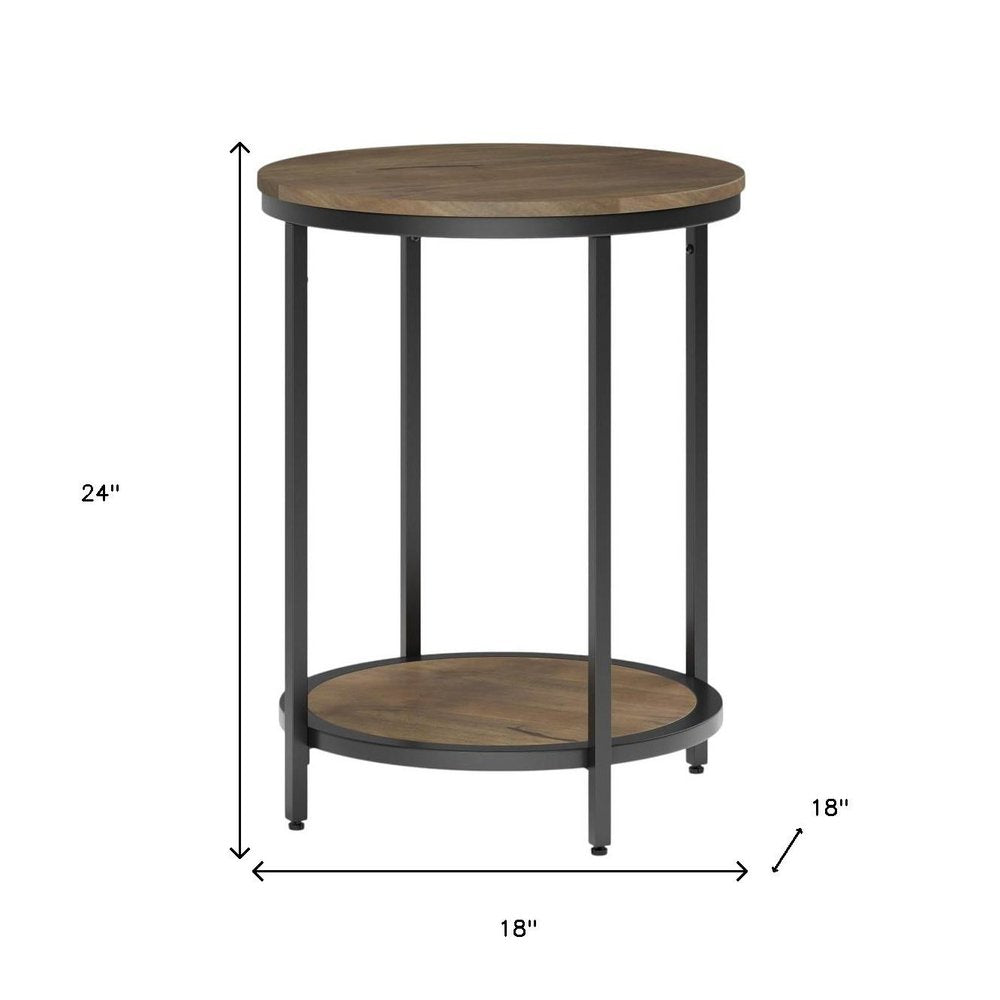 24" Gray and Black Solid Wood and Iron Round End Table With Shelf HomeRoots