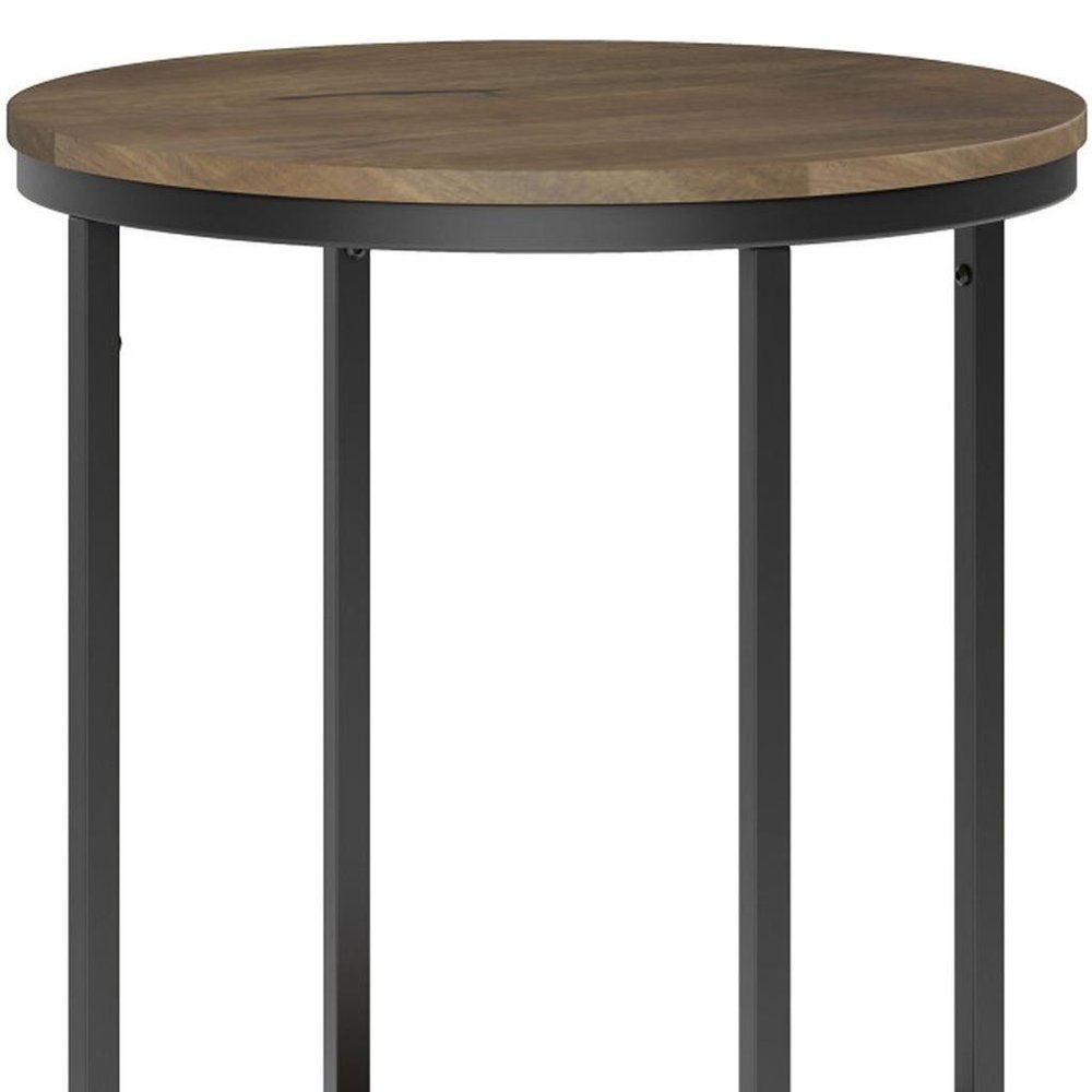 24" Gray and Black Solid Wood and Iron Round End Table With Shelf HomeRoots